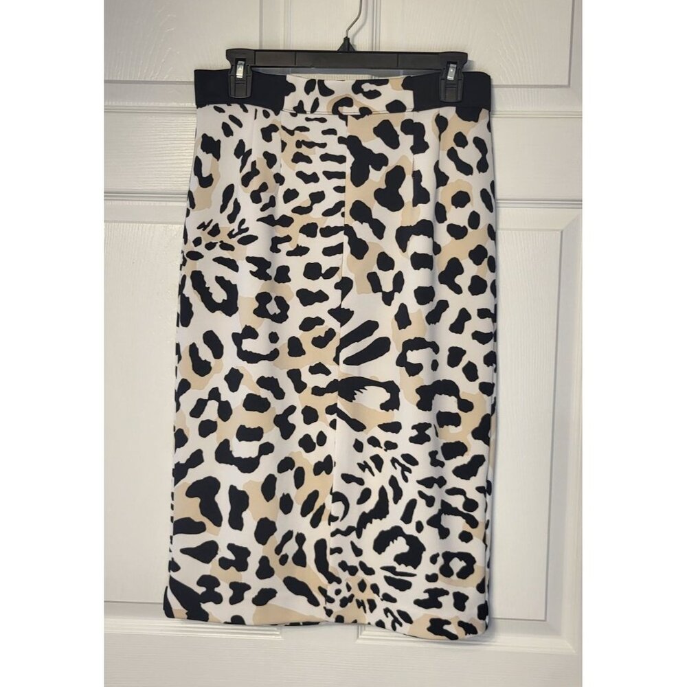 Worthington Animal Print White Back Zip Elastic Waist Midi Skirt Size 10